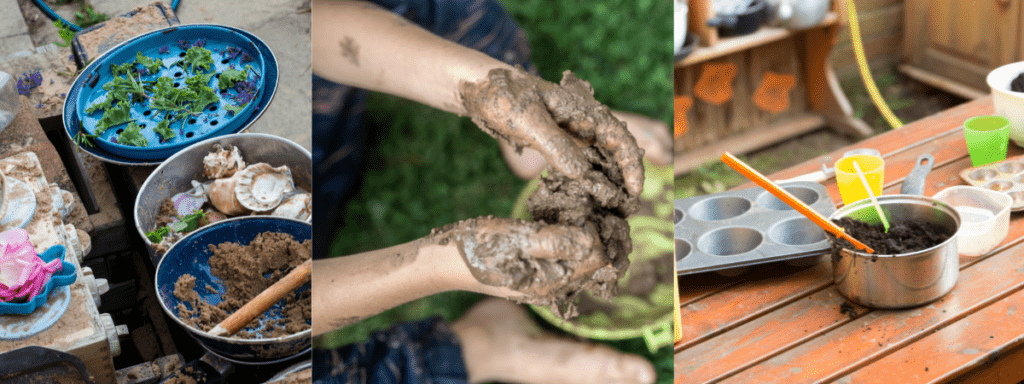 Nature crafts for kids - messy mud kitchen play