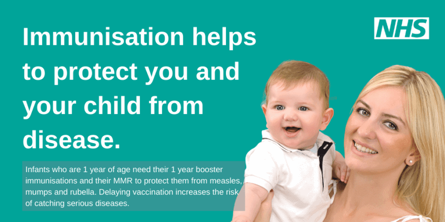 NHS infographic about MMR immunisations with a mother and baby in the corner