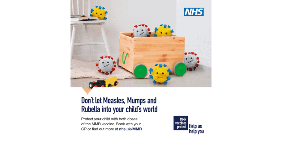 NHS infographic about the MMR vaccine with stuffed toys of germs in a child's toy box