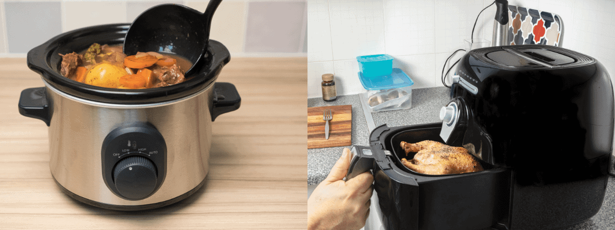 Save energy on cooking -slow cooker with casserole, air fryer with chicken