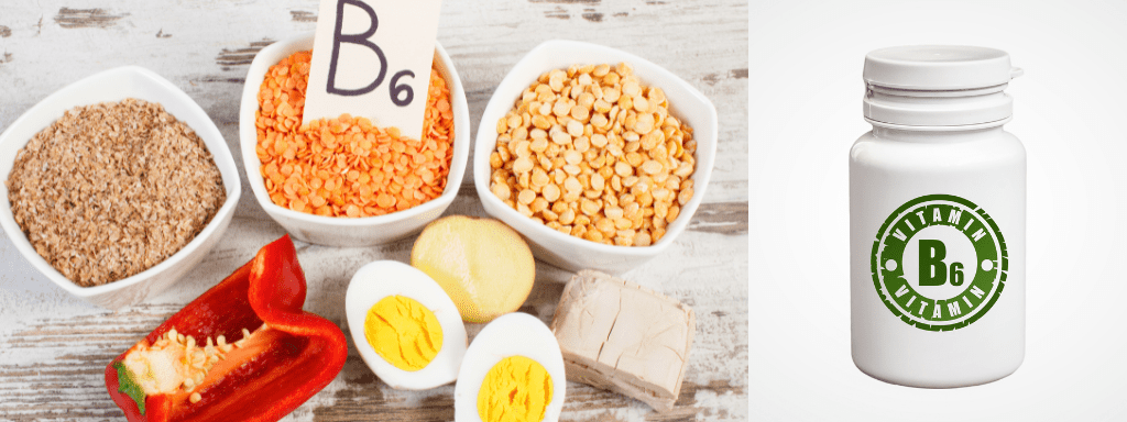 morning sickness remedies: Two images offering examples of B6 -one with the specific foods (like eggs, peppers, grains) and one with a vitamin container. 