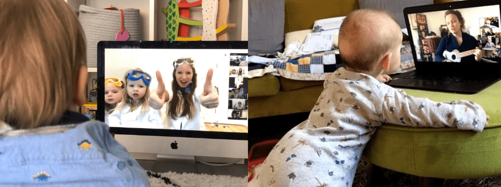 Mother's day activities: Attend a baby or toddler class in the comfort of your own home -two separate images show two babies enjoying a baby class through a laptop.