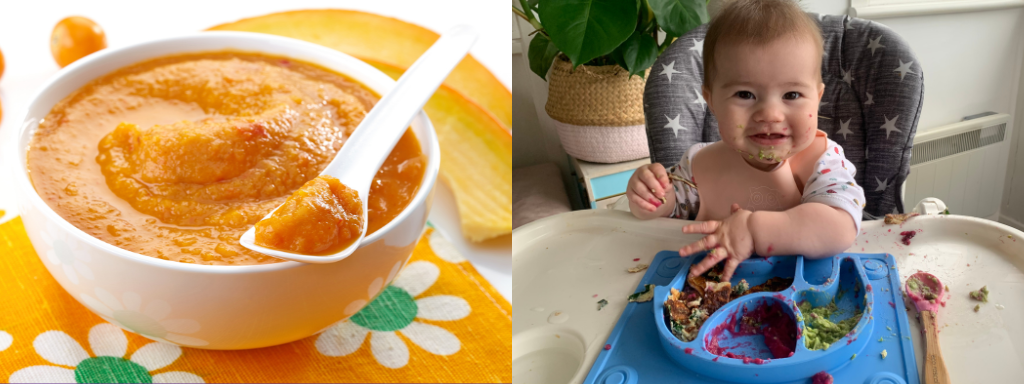 baby weaning - two images, one of a puree and one of Team Happity's children, Willow.