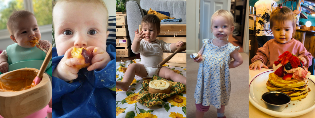 baby-led weaning : image shows various pictures of the mini members of team Happity eating