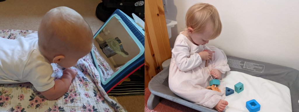 Baby Development Toys -two images side by side of Helen's daughter Lyra playing with toys at different ages.
