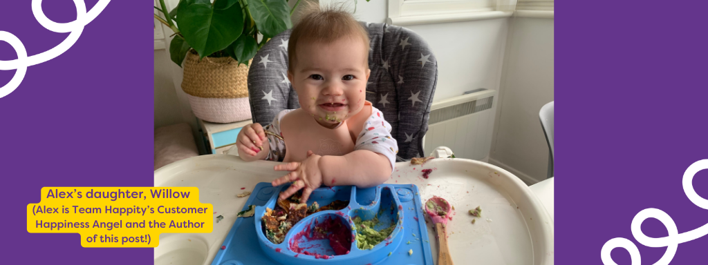 buying your first highchair -image shows team Happity member Alex's daughter, Willow, in her highchair