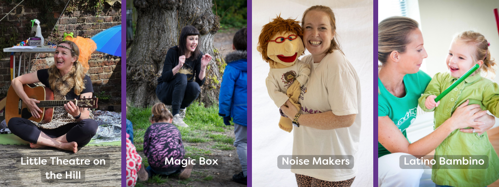 What to expect at your first baby class: a collage of 4 images of 4 class providers (Little Theatre On The Hill, Magic Box, Noise Makers and Latino Bambino) 