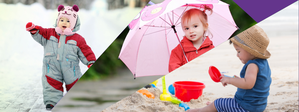 Outdoor clothing for babies - image shows 3 toddlers, one in winter wear, one holding an umbrella, and another at the beach in summer gear.