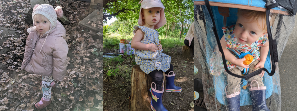 Outdoor clothing for babies: image shows Lyra in 3 different outdoor clothing! Lyra is Helen's daughter 