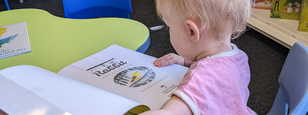 toddler reading - image shows a toddler reading a book at a table