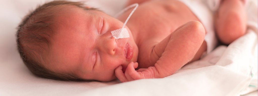 A newborn baby laying on a bed in an incubator